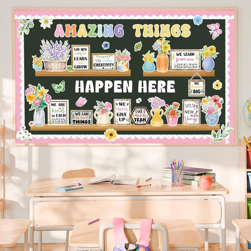 74pcs Set Spring Bulletin Board Decorations Flower Bookshelf Bulletin Board Amazing Things Happen Here Paper Cutouts