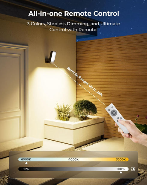 10000mAh 3 Dimmable 3CCT, Motion Sensor Outdoor Light, Rechargeable Battery Operated Outdoor Light with Remote, Modes