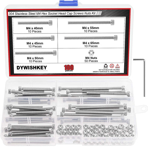 DYWISHKEY 100 Pieces M4 x 40mm/45mm/50mm/55mm/65mm Stainless Steel 304 Hex Socket Head Cap Bolts and Nuts Kit