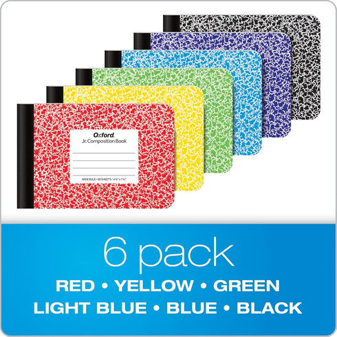 Oxford Jr. Composition Notebooks, 4-7/8 x 7-1/2 Inches, Wide Ruled, 80 Sheets, Assorted Primary Covers, 6 Pack