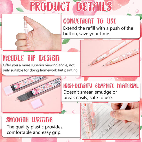 Sabary Kawaii Mechanical Pencil Set with Peach Mechanical Pencils, 0.5 mm Pencil Refills, and Cute Peach Erasers for