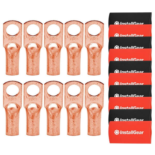 InstallGear 4 Gauge AWG Pure Copper Lugs Ring Terminals Connectors with Heat Shrink, 10 Pack