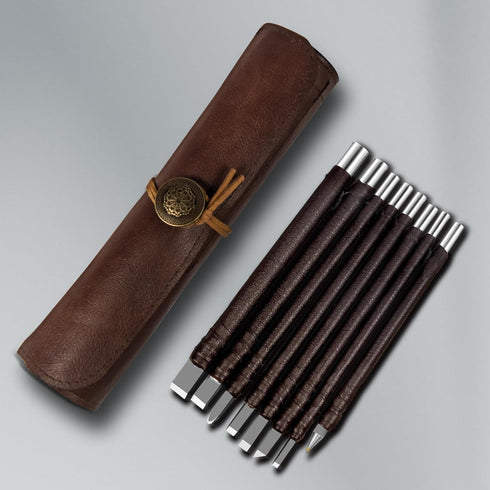Tungsten Steel Chisel Set, 8 Pcs Metal Engraving Tools with Leather Sheath for Woodworking, Seal and Bamboo Carving