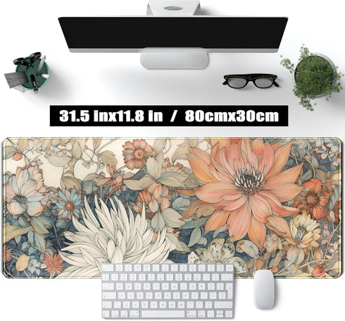 Japanese Minimalist Floral Desk Mat, Aesthetic Flowers XL Large Extended Gaming Mouse Pad for Office Decor (31.5x11.8