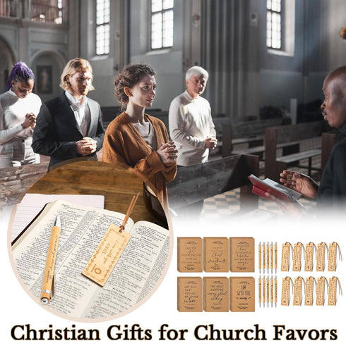 Fuutreo 90 Pcs Christian Gifts Bulk, 30 Bible Verse Notebooks, Bamboo Ballpoint Pens, and Religious Bookmarks for