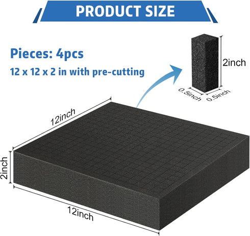 Storystore Polyurethane Foam Sheet, 4 Pcs Black Foam Inserts for Cases Packing Padding, Toolbox, Camera Storage (12 x