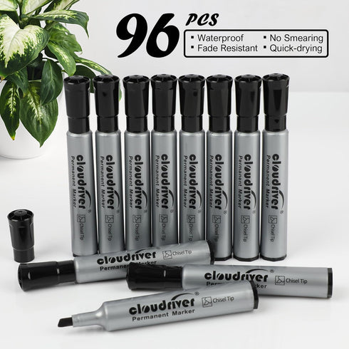 cloudriver Permanent Markers, 96 Count Black Permanent Marker Bulk Set, Chisel Tip, Quick Drying Ink
