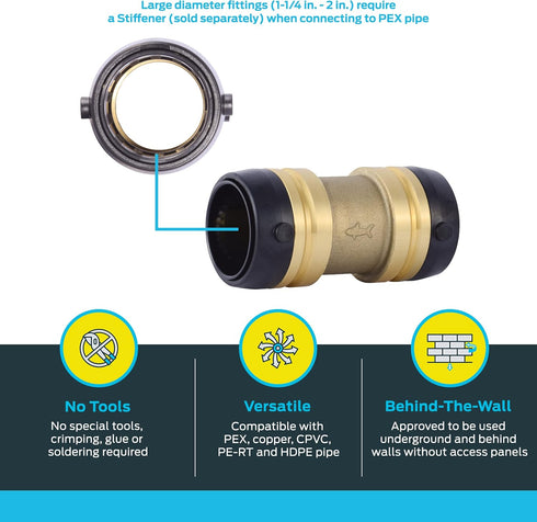 SharkBite 1-1/4 Inch Coupling, Push to Connect Brass Plumbing Fitting for PEX Pipe, Copper, CPVC, PE-RT, HDPE