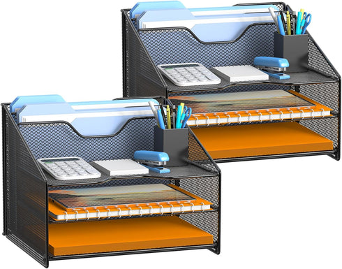 Samstar 2 Pack Mesh Desk File Organizer - Letter Tray Holder with 3 Paper Trays and 2 Vertical Sections, Black