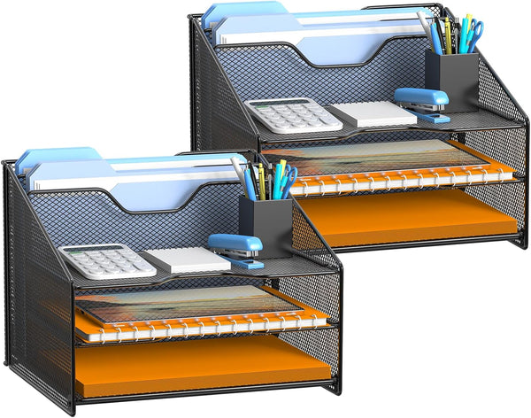 Samstar 2 Pack Mesh Desk File Organizer - Letter Tray Holder with 3 Paper Trays and 2 Vertical Sections, Black