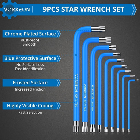 9PCS Star Wrench Key Set T10-T50, Metric Long Arm L-key with Visible Coding for DIY Household Repair