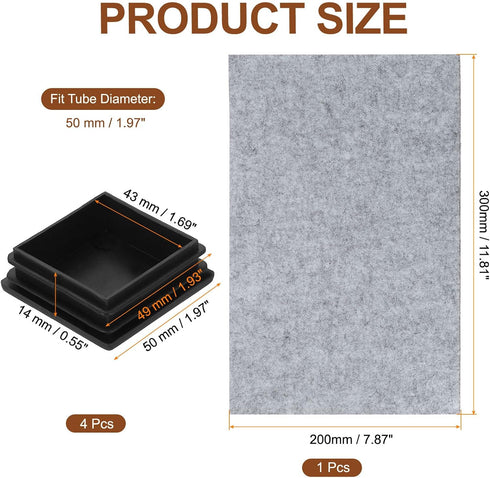 4 50mm/1.97" uxcell Pcs Square Plastic Plugs with Furniture Felt Pad, Tubing End Caps Furniture Leg Inserts for Metal