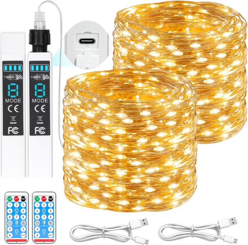 Lakumu 132FT(66*2) Rechargeable Fairy Lights Battery Operated, Twinkle Lights with Remote &Timer,