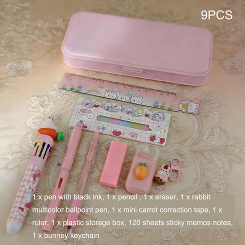 SHIDESHIN 9 Set Pcs Cute Pink Stationery Carrot Rabbit Kawaii Office Supplies Including Pens Pencil Eraser Ruler