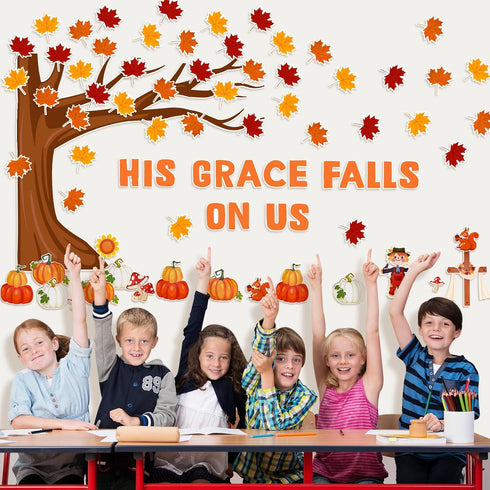 Konsait 89PCS His Grace Falls on Us Christian Bulletin Board Sets, Big Tree Pumpkins Religious Fall Decorations for