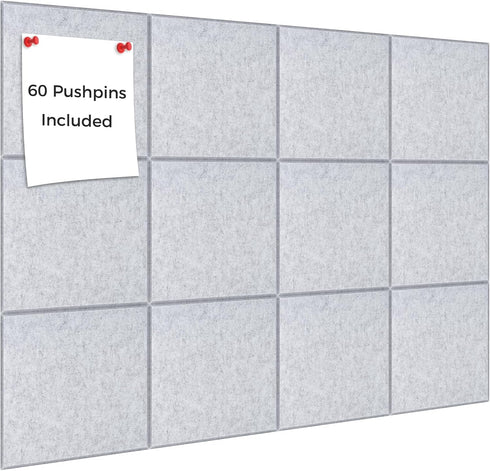 DOLLAR BOSS Large Cork Bulletin Board 48"x36" Wall Tiles, 12 Packs, 1/2" Thick with 120 Pushpins, Light Grey