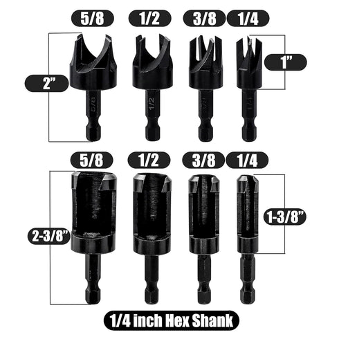 Yakamoz 8Pcs Wood Plug Cutter Set, 1/4 Inch Hex Shank Straight and Tapered Cork Drill Bits Cutting Tool