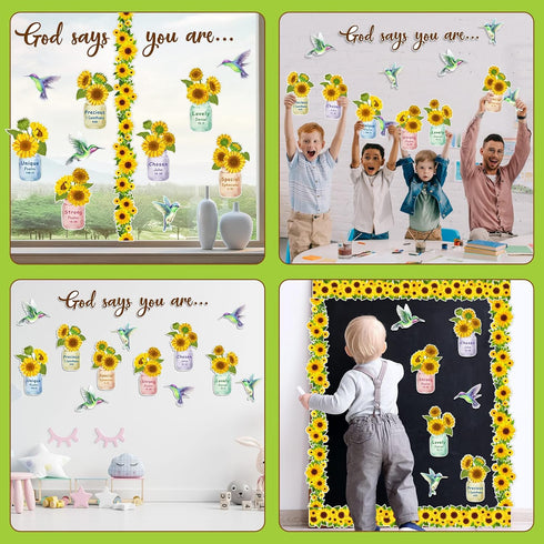 Christian Bulletin Board Decorations Sunflower Theme Inspirational Sets with Hummingbird Flower Jar Cutouts
