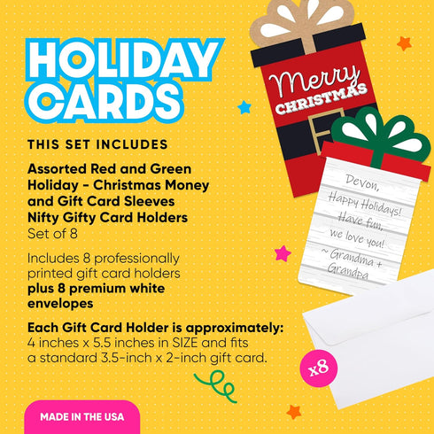 Set 8 Big Dot of Happiness Assorted Red and Green Holiday Cards, Christmas Money and Gift Card Sleeves, Nifty Gifty