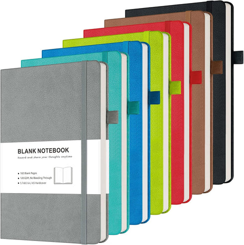 Blank Journal Notebook, 7 Pack Leather Unlined Notebooks, 120 GSM Thick Paper, A5, Multi Colors for School and Work