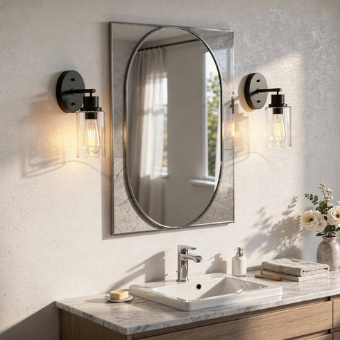 1-Light Black Bathroom Wall Sconce with Clear Glass Shade, Modern Vanity Light Fixture Over Mirror for Bathroom