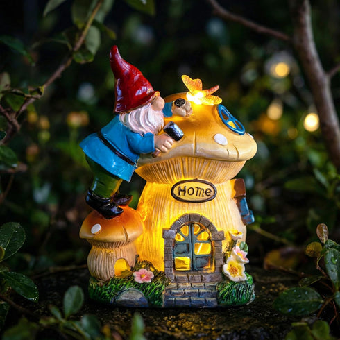 Garden Gnome Statues Figurine Lights - Solar Powered Lighting Outdoor Decorations, Gnome Build Mushroom Fairy House