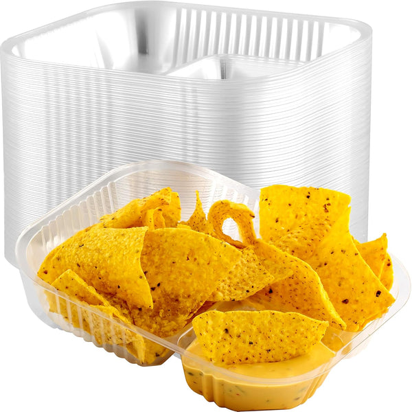 Large 6x8 Inch Anti-Spill Plastic Nacho Trays 25 Pack, Reusable 2 Compartment Boats for Dips, Snacks, and Fair Foods