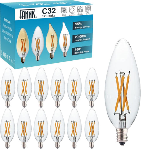 12 Pack E12 Bulb 40 4W B10 C32 Bulbs, 400LM 2700K Bulbs Candelabra LED Watt Equivalent, LED Filament Candle Light Soft