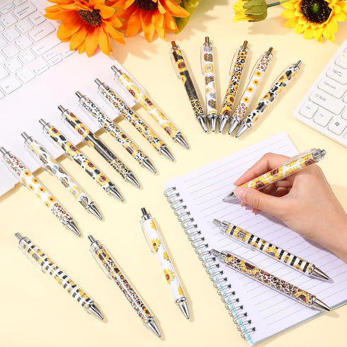TecUnite 30 1.0 mm 10 Pcs Sunflower Pens Sunflower Gift for Sunflower Lover Yellow Flower Floral Pens Black Ink