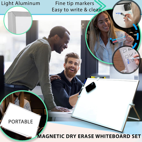 Large Magnetic Dry Erase White Board 12"X16" with Black Frame, Stand, 8 Markers, 4 Magnets, Eraser for Office