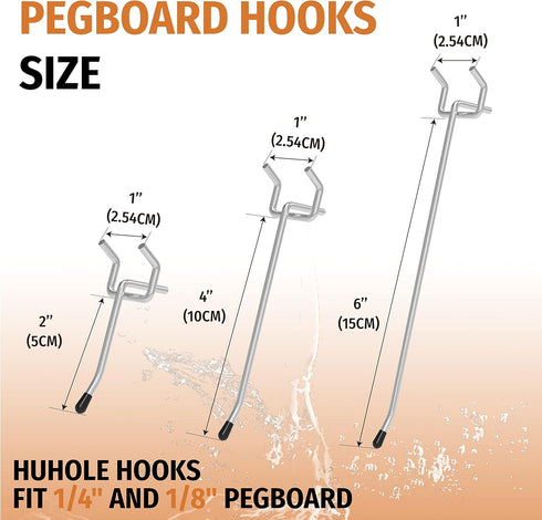 HUHOLE Pegboard Hooks 50PC Pegs Ideal Garage Organization Wall Storage Tool Organizer Fit 1/4" 1/8" Peg Board with Plastic Tip 2 Inch (Silver, 2 Inch) by HUHOLE