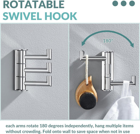 APLusee Swivel Towel Hook, Polished Chrome 304 Stainless Steel Triple Robe Hook with Multi Rotating Arms