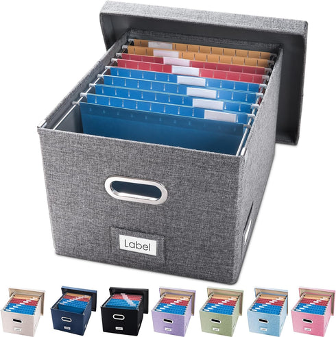 Prandom File Organizer Box - Collapsible Decorative Linen Filing Storage with Lids, Set of 1, Letter/Legal Size, Grey