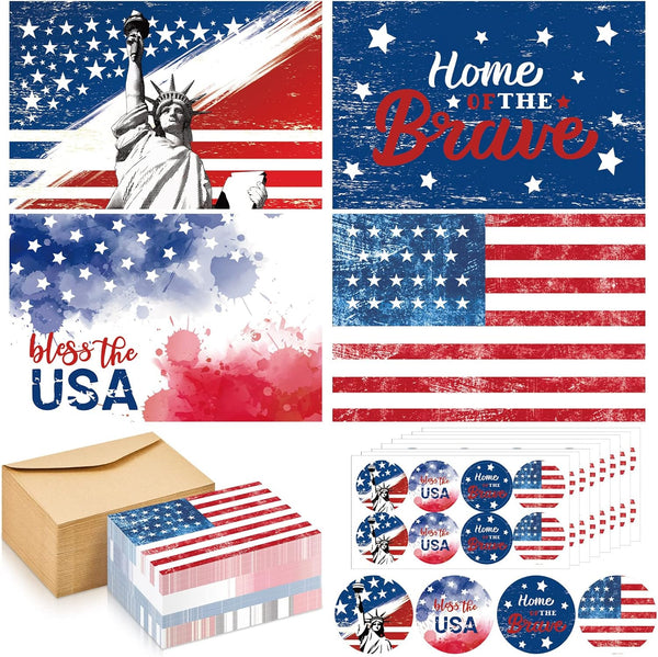 Seajan 200 Set Patriotic Cards, Blank Greeting Card with Envelopes, 4th of July American Flag Note Card