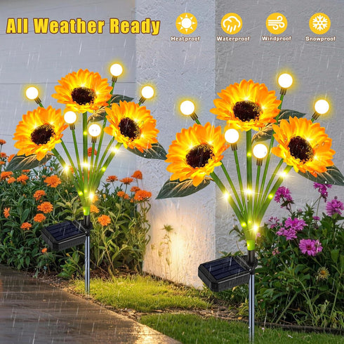 4 Pack Solar Sunflower Lights Outdoor Garden Decor, Upgraded with Firefly Lights, Waterproof Solar Flower Stake