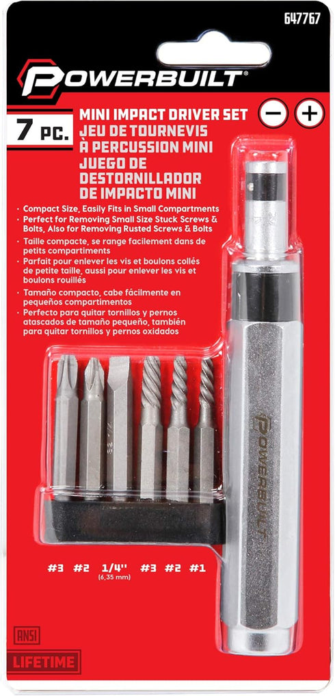 Powerbuilt 7 Pc. Mini Impact Driver & Extractor Set - Hand Tools, Bit Drivers & Bits, Multi-In-One (647767)