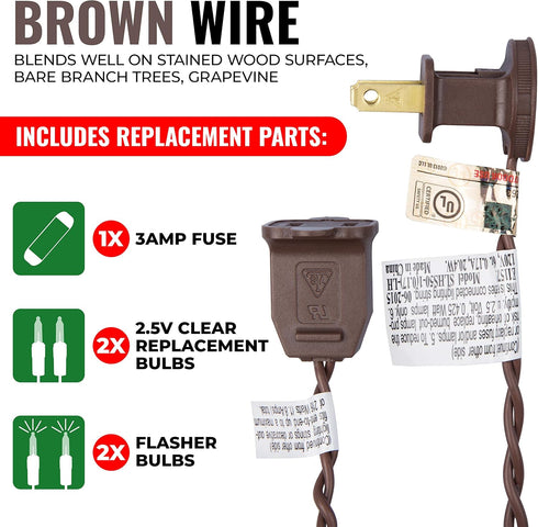 612 100 18 20 (Pack 2) Vermont Clear Mini Christmas String Lights on Brown Wire Cord, UL Approved for Indoor/Outdoor