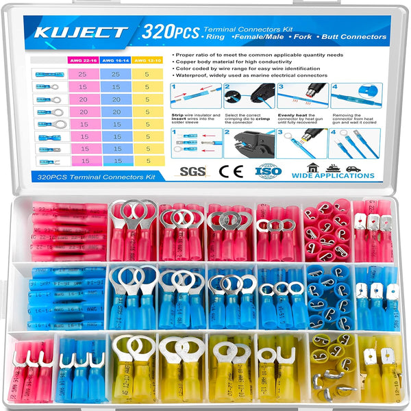 Kuject 320 PCS Heat Shrink Wire Connectors, Multipurpose Waterproof Electrical Wire Terminals Kit for Automotive Marine
