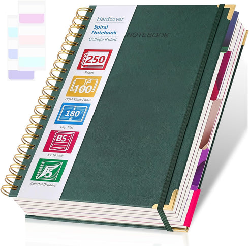 Spiral Notebook, 5 Subject College Ruled with Dividers, 250 Page Leather Journal for Work School, Large B5 Green