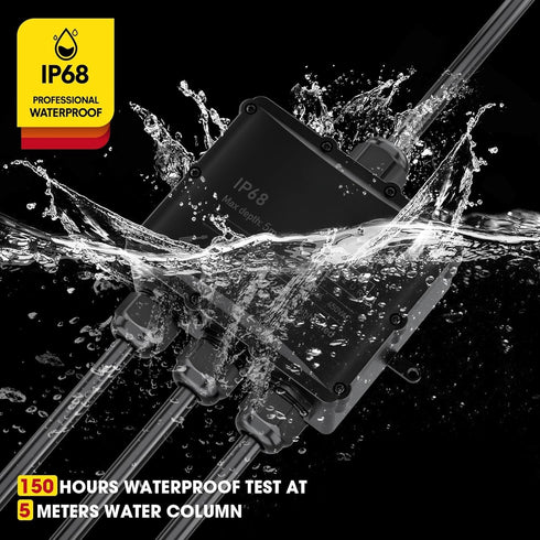 IP68 Waterproof Junction Box, 4-Way Outdoor Cable Connectors with 4 Cable M25 Gland for 4-14 mm Diameter Cable, Black