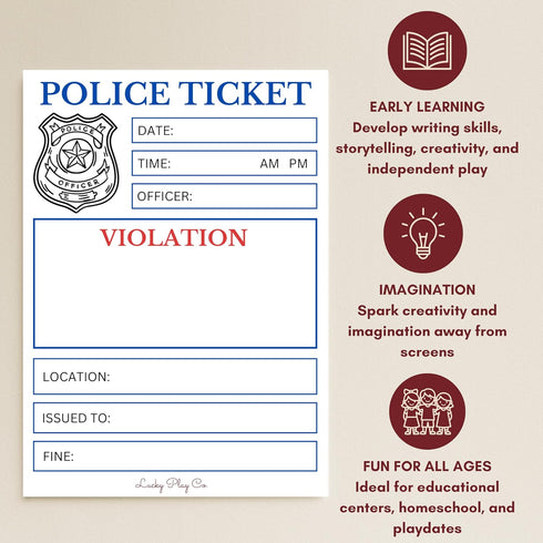 Lucky Play Co. 5x7 50 Police Officer Play Notepad for Kids Pretend Police Law Enforcement Ticket Imaginative Role-Play