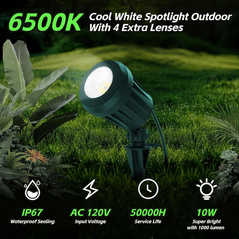 120V 6500K 4 IP67 (1 Pack,Green) Spotlight Outdoor Plug-In, Cool White LED Landscape Lighting with RGB Purple Color