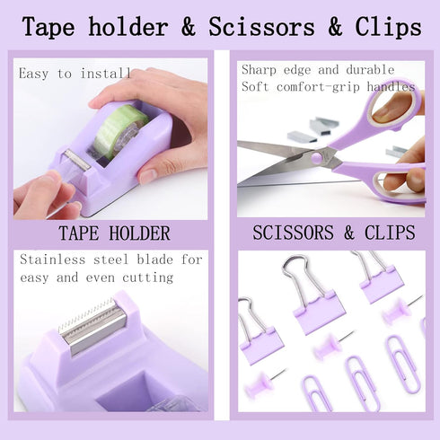 Purple Desk Accessories, 360° Pen Holder with Tape Dispenser, Stapler, and Office Supplies Set