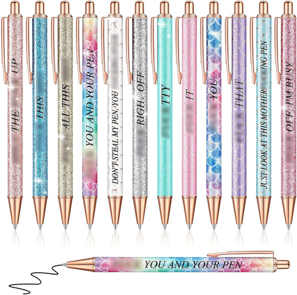 Glenmal 12 Pieces Glitter Swear Word Ballpoint Pens, Funny Negative Pens for Adults, Office Supplies