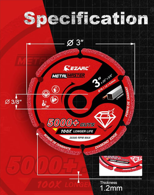 EZARC Diamond Cutting Wheel 3 x 3/8 Inch for Metal, Cut Off Wheel with 5000+ Cuts on Rebar, Steel, Iron, INOX