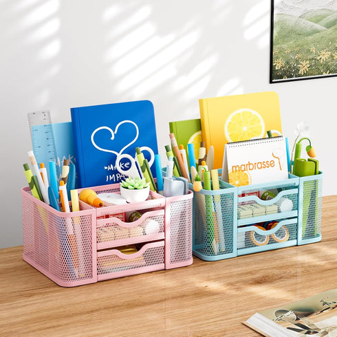 Marbrasse Mesh Desk Organizer with 2 Drawer, Multi-Functional Pen Holder for Office Art Supplies (Blue)