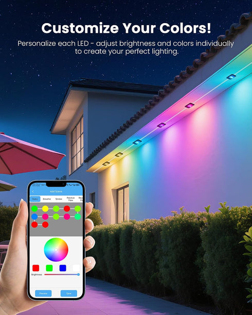 50FT 24V 221 IP68 (50FT) KISUFU Permanent Outdoor Lights for House, RGB+IC Smart Outside Lights with Modes, App