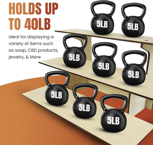 3-Tier 3 Counter 9.5" Straight Wooden Retail Table Display Stand with Shelves for Products - Portable | Step Straight