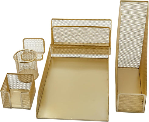 Martha Stewart Ryder Gold Mesh Metal 6 Piece Set, Desktop Organizers and Accessories for Files, Magazines, Pens, Sticky