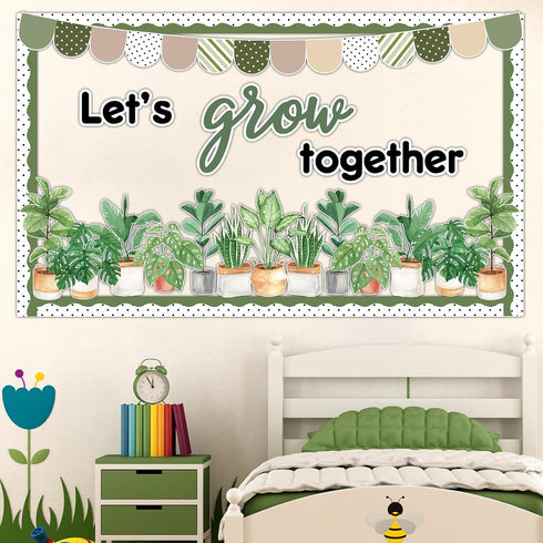 Greenery Classroom Bulletin Board Decorations - Potted Plant Set, Motivational Let’s Grow Green Leaves Cutouts for Wall